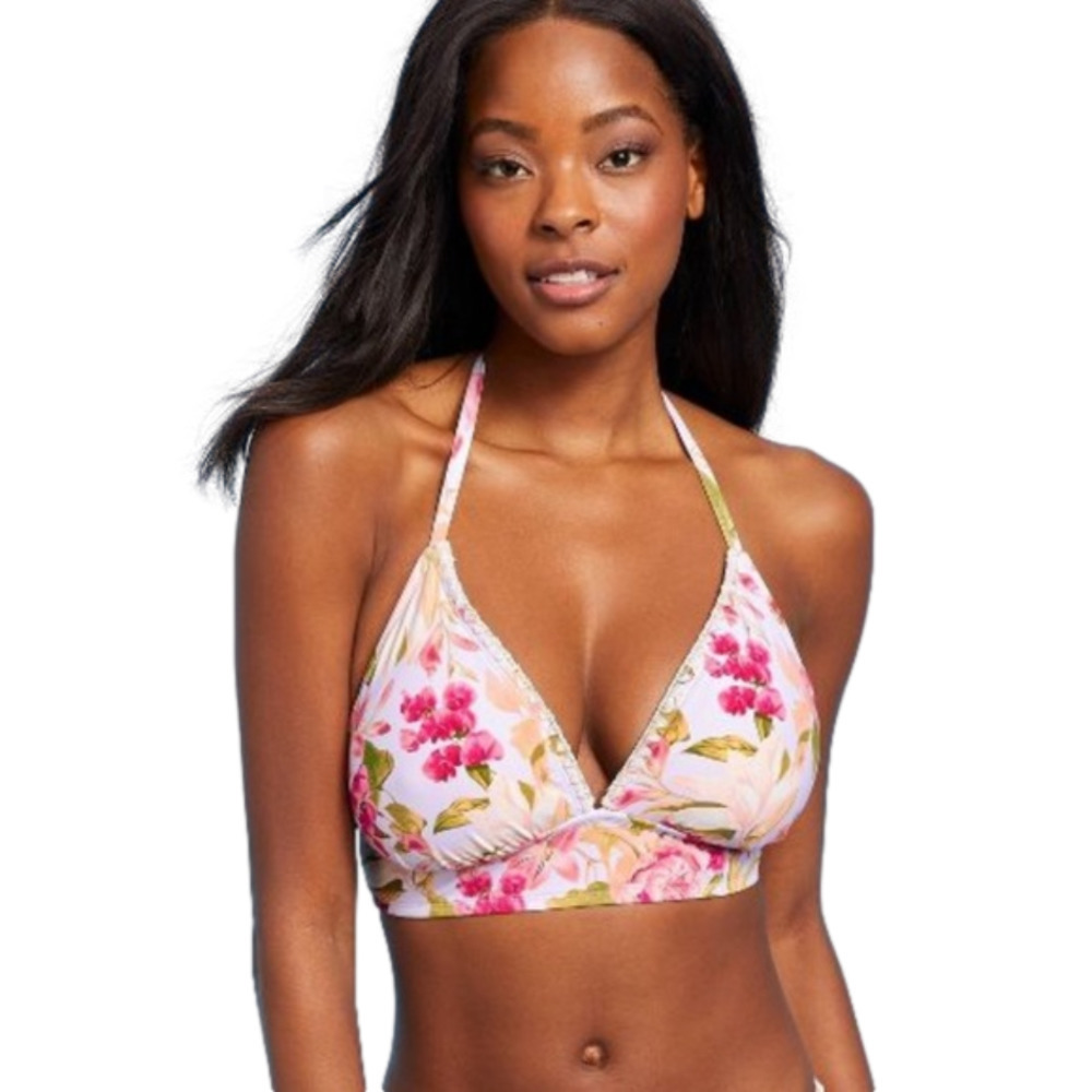 KONA sol Timeless Spring Shell Stitched Print Triangle Halter Bikini Top nwot